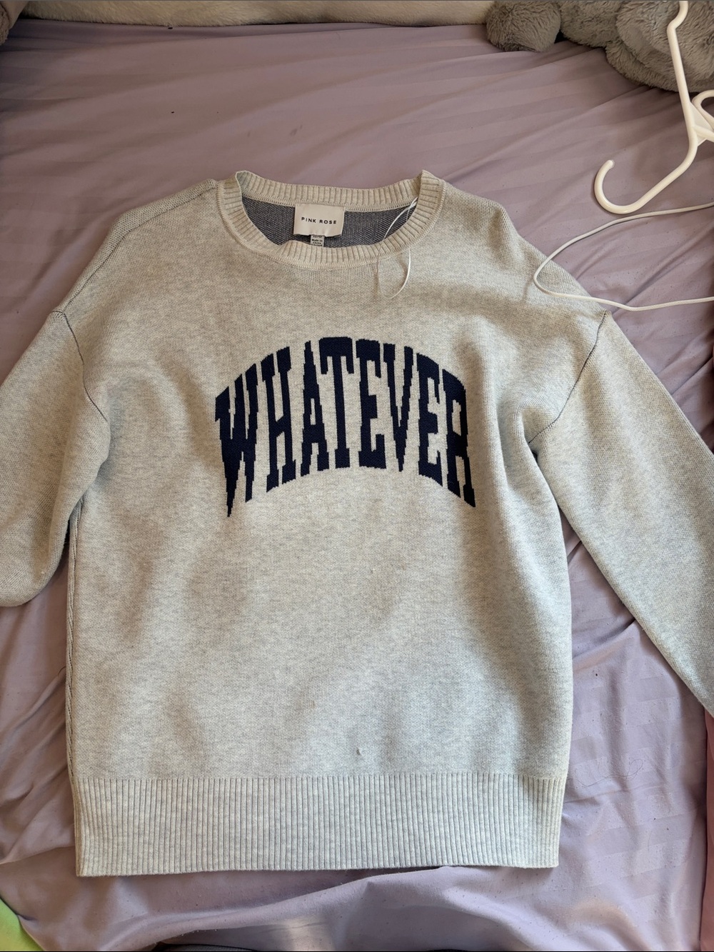 Pink Rose Women’s Light Gray Crewneck Sweater with Navy "WHATEVER" Text